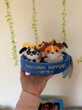 Emotional Support Puppies Plush Set - Blue Embroidered Bed